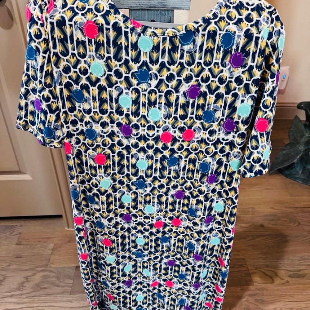LuLaRoe Blue and Pink Patterned Midi Dress